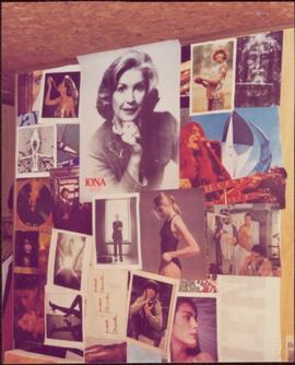 Photograph of an Iona Campagnolo poster at the top centre of collage on Scott Inniss’ wall, 1984