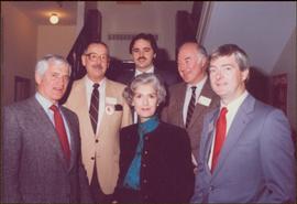 Iona Campagnolo poses with Liberal Leader Leo Barry, M.P. Brian Tobin, M.P. Bill Rompky, and two unidentified men in Corner Brook, NF