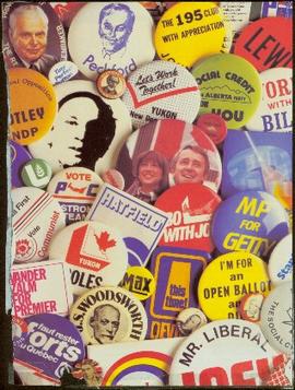 Magazine page featuring Canadian political campaign buttons