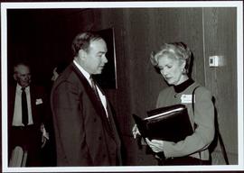Frank King speaks with Iona Campagnolo at a ‘Friends of Calgary ‘88’ function, Faculty of Management, University of Calgary