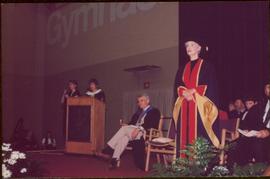 Honourary Doctor of Laws, Brock University - Iona Campagnolo standing on stage in regalia