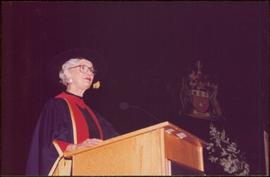 Honourary Doctor of Laws, Brock University - Close view of Iona Campagnolo in regalia, speaking at podium