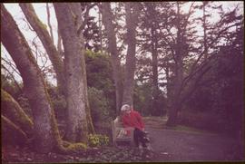 Iona Campagnolo sitting on bench under trees in Terrace Gardens, looking backwards at a clump of ...