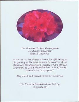 The ‘Iona Campagnolo’ rhododendron, acknowledgement, 2005 Annual Convention of the American Rhododendron Society