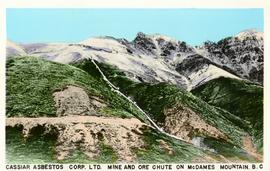 Postcard of Cassiar Asbestos Corporation's mine and ore chute on McDame Mountain