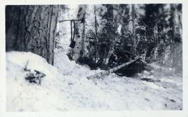 Man resting in the snow beside snowshoes