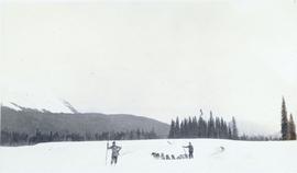 Two men walking with their dog sled team