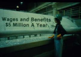 Original Construction - Graphic presentation slide: "wages and benefits $5 million a year"