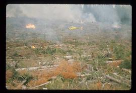 Woods Division - Fire - Helicopter lowering ignition device onto wooded landscape to begin combustion- spot fires seen in background