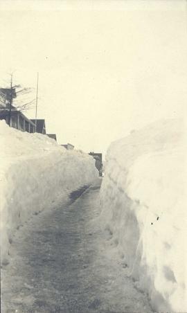 Two large snowbanks flanking a walkway