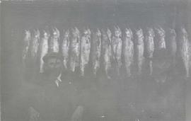 Two men sitting in front of a row of hanging fish