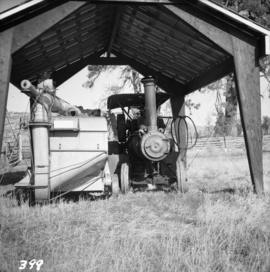 Ranch on Nicola Lake with steam traction engine and thresher
