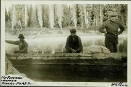 Harry Perry and two men in a boat heading up the Peace River