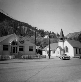 Liquor store and church in Lillooet, B.C.