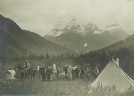 Survey crew and horses at camp, Mt. Robson, BC