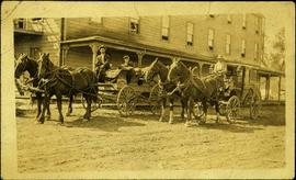 Two Teams of Horses Pulling Wagon and Buggy