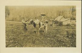 Three children on the back of a cow being held by two unidentified men