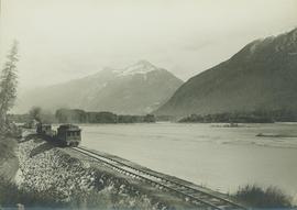 Skeena riverside view of inspection train on a skeleton track pulling the business car of General Construction Foreman Dan Dempsey