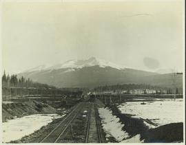 Railway tracks running past a small train station on on towards a snow capped mountain